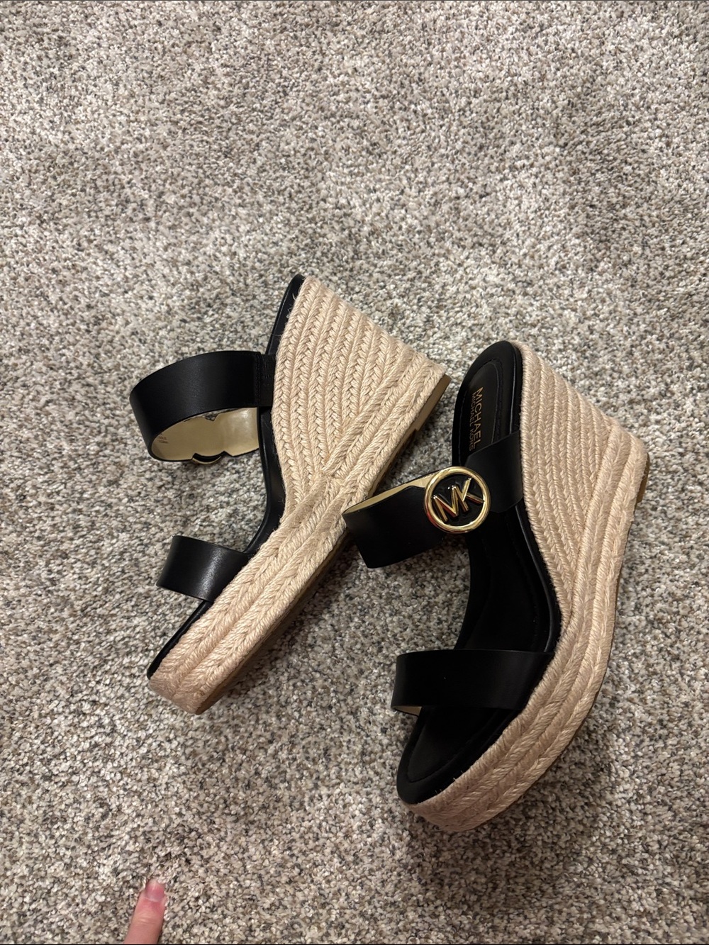 MICHAEL Michael Kors Black Leather Espadrille Wedges with Gold MK Accent